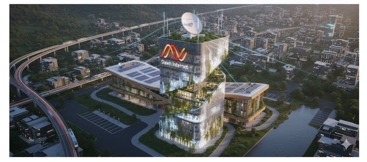 kirsh800's tweet image. The Dawn Internet headquarters stands tall in a futuristic city, connecting the world with innovation and speed. Surrounded by greenery and smart infrastructure, it symbolizes the rise of a new digital era powered by technology @dawninternet