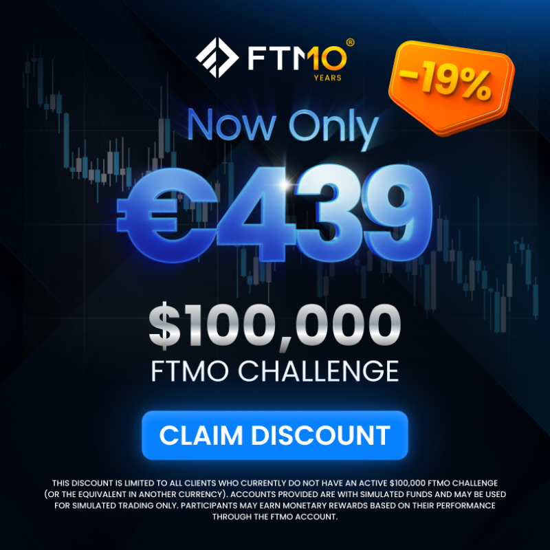 FTMO_com's tweet photo. Celebrate 10 years of FTMO with a special deal: 19% off $100,000 FTMO Challenge. Claim your discount now!