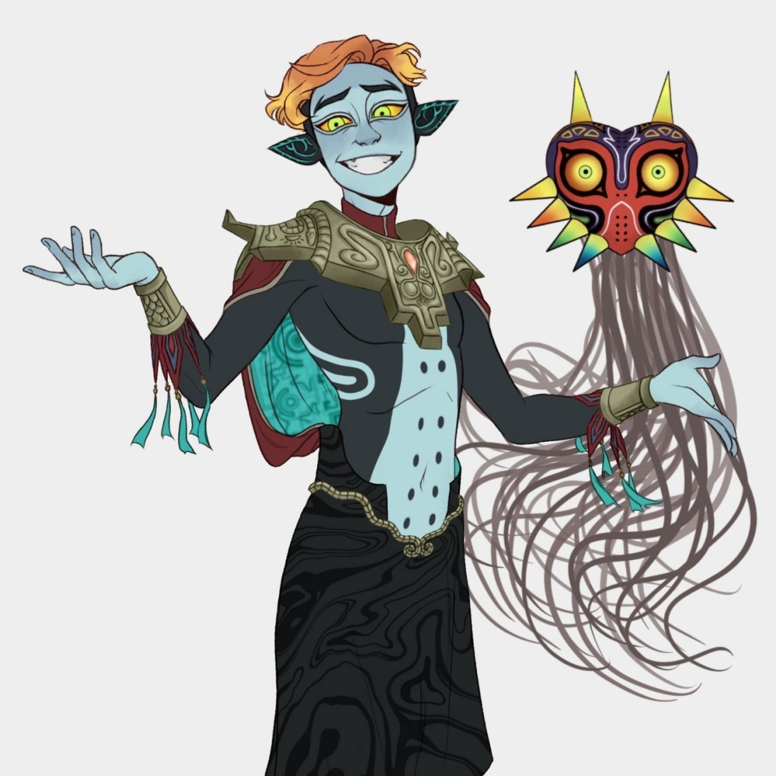 Been looking for inspiration for a twili character for a Zelda themed game my brother has been cooking up. Found this really interesting concept of the happy mask salesman as a twili by @tesseractrave and it's got my brain juices flowing.