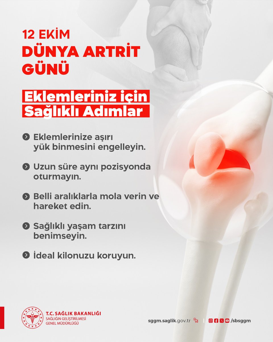 Eklem sağlığınızı korumak için atacağınız küçük adımlar, yaşam kalitenizi büyük ölçüde artırır.

#DünyaArtritGünü
#SağlıklıEklemler
#HareketeGeçmekSizinElinizde