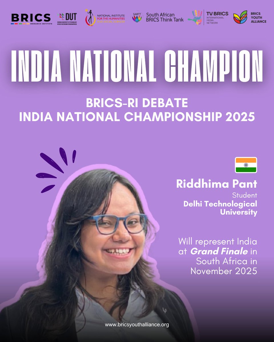 🏆🇮🇳 Congrats to Riddhima Pant, winner of the BRICS-RI Debate: India National Championship 2025! She’ll represent 🇮🇳 in the Grand Finale next month in 🇿🇦 hosted by the BRICS Research Institute. Kudos to all participants for powerful, inspiring debates! 🌍🔥 #BRICSDebate