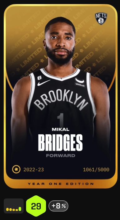 **GIVEAWAY**

Was buying cards for my vault and accidentally bought a duplicate 22/23 Mikal Bridges, so thought what's the harm in a quick giveaway👀

To enter:
1️⃣Follow <a href="/AlhorSorare/">Alhor</a> 
2️⃣ ❤️+🔁 this post
3️⃣Comment your SR Username

Winner picked on Oct 14. GL🤞
#Sorare #sorarenba