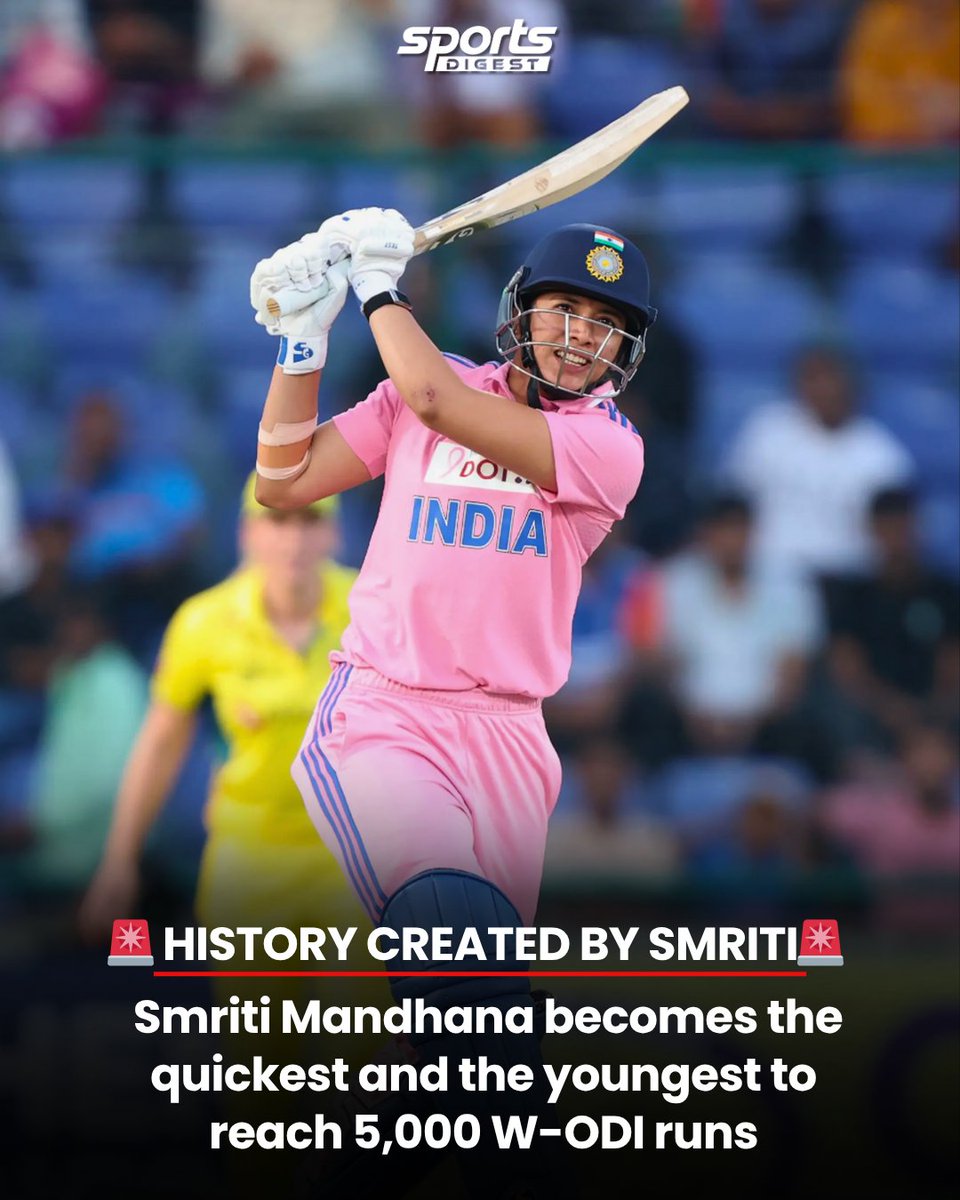 SportsDigestINT's tweet photo. Smriti Mandhana becomes the quickest and the youngest to smash 🔥 5,000 runs in Women’s ODIs🇮🇳
#SmritiMandhana #TeamIndia #WomensCricket #CricketLegend #5000Runs #WODI #IndianCricket #CricketHistory #GOAT #PrideOfIndia #CricketUpdates #LeftHandedElegance https://t.co/MUJWesCxty