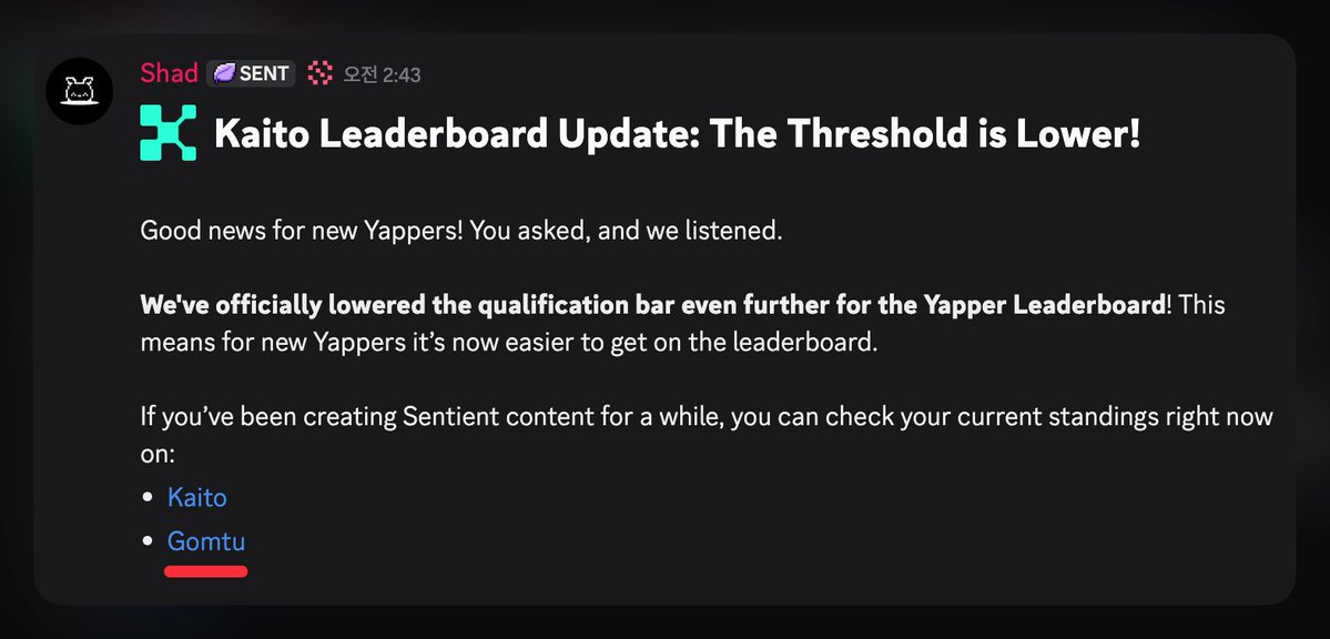 JinWooSung_1's tweet image. Sentient just dropped a new update on Discord
@KaitoAI Leaderboard just got more accessible for everyone
Here is the highlight
โข The qualification threshold has been lowered
โข New Yappers can now get on the leaderboard more easily
โข You can check your current rank on Kaitoโฆ