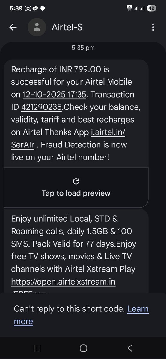 DevtaSushanta's tweet photo. @PMOIndia Sir today i recharged my Airtail mobile plan with Rs.799/- which shows plan for 84 days. After recharge it say my plan is valid for 77 days. Screen shot of Airtail plan and sms after recharge send to you for necessary action https://t.co/LxCt17nliv