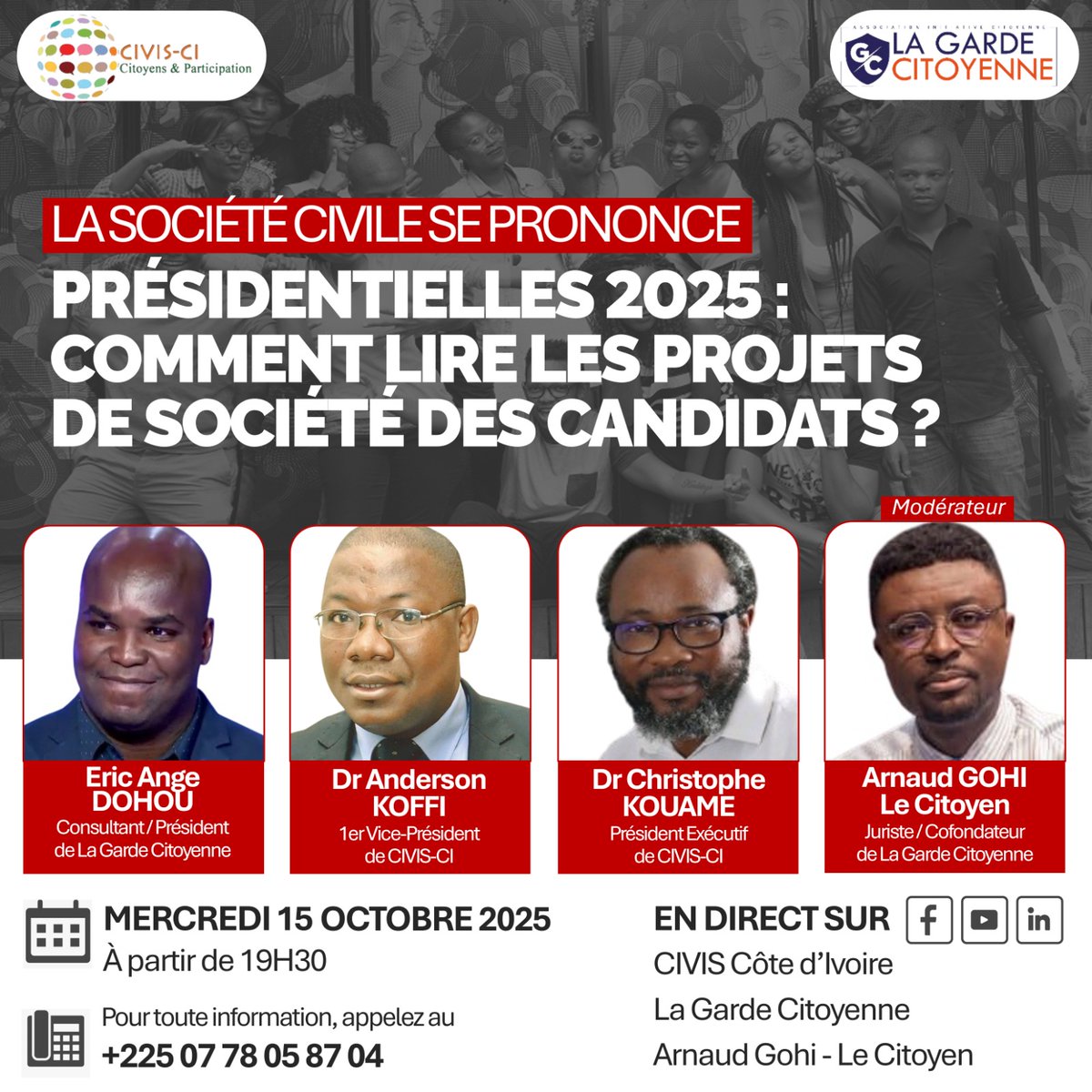 CivisCI's tweet photo. 🇨🇮#Présidentielle2025 : Comment lire les projets de société des candidats ?
✅️Le projet de société est un devoir moral et politique vis-à-vis des citoyens. Il constitue le socle de la redevabilité démocratique.
#projetdesociete #campagne #CIV225  #démocratie #citizenengagement https://t.co/GPsAfOkU46