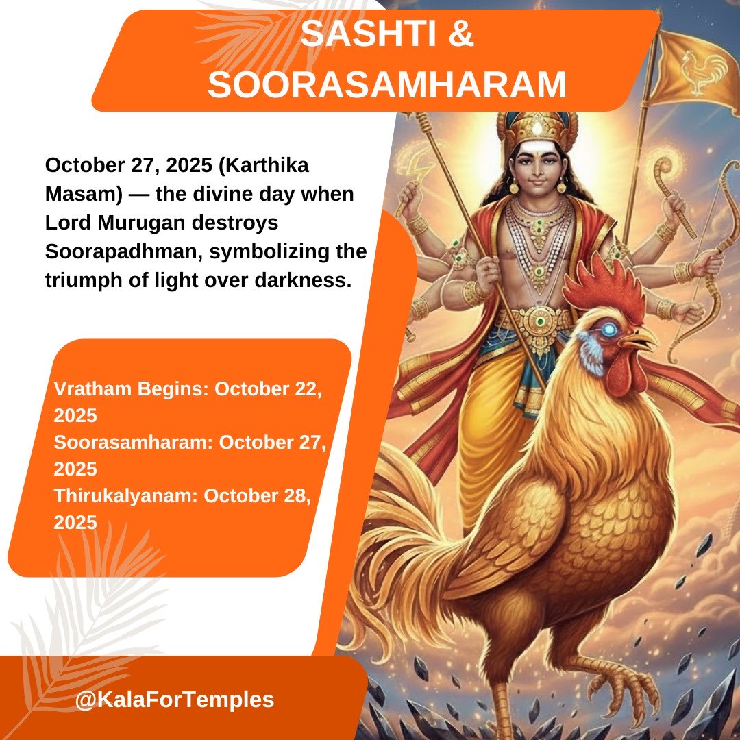KalaForTemples's tweet image. Sashti Vratam is a transformative six-day fast that purifies the mind and body, clears obstacles, and deepens devotion. Immerse yourself in spirituality by chanting the Kanda Sashti kavasam, observing the fast, and humbly surrendering your ego at Lord Murugan&apos;s sacred feet.…