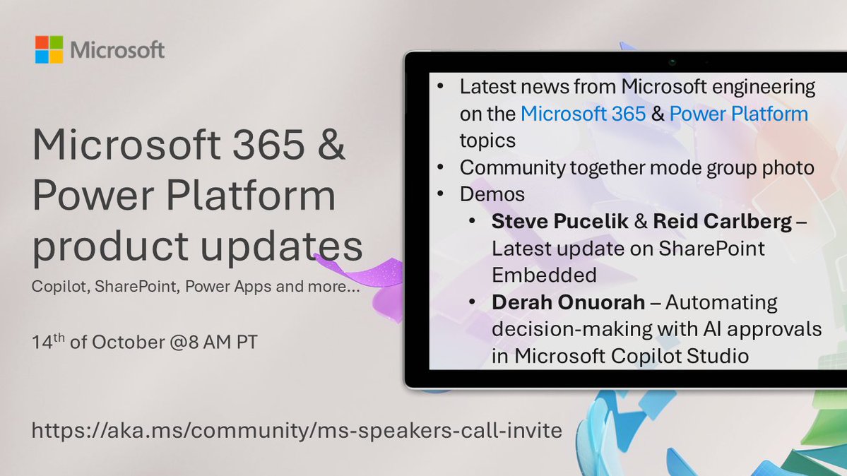 SharePoint's tweet image. 📅 Agenda for the #Microsoft365 & #PowerPlatform product updates call 14th of Oct
• The latest updates⚡
• Focus this time on #CopilotStudio & #SharePoint
• Presented by @spucelik, Reid Carlberg and Derah Onuorah
+more! 🚀
👋 Get the invite → msft.it/6018s23Mj