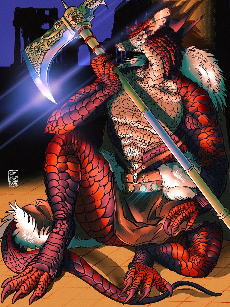 Drakhunterx's tweet image. Shaz has been preparing his halberd for the battle, look how it glows, dont tease him.

Damn, lovely piece done by @AnchorIka , I really like their style! Go check their work!!!