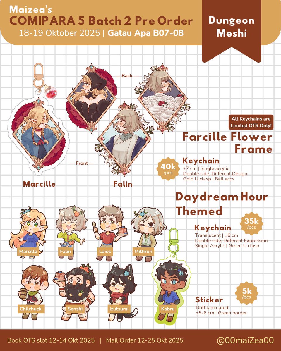 00maiZea00's tweet photo. [❤️&amp;🔁 are appreciated]

🗓 Book OTS #Comipara5 12-14 Sept 2025
🛒Mail order 12-25 Oktober 2025
🔘 Circle "Gatau Apa" B07-08
🌟 Dungeon Meshi / Delicious in Dungeon , DCMK , Yohaji , Mairuma , TGSWIIWAGAA
🔗 Form link on thread

(1/2)

#comipara5catalogue #comipara5catalog https://t.co/qFibFR5AHo