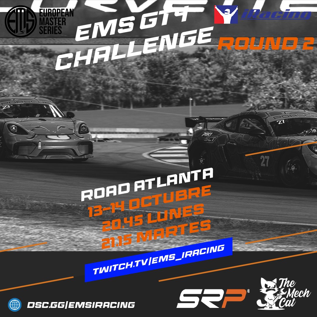 ¡La acción no se detiene! 
🚀 EMS GT4 Challenge llega al desafiante circuito de Road Atlanta para la Ronda 2. ¡Prepárense para batallas al límite en uno de los trazados más exigentes!
🗓️ Lunes 13 y Martes 14 de Octubre
📺 EN VIVO: twitch.tv/ems_iracing
#EMSGT4 #iRacing