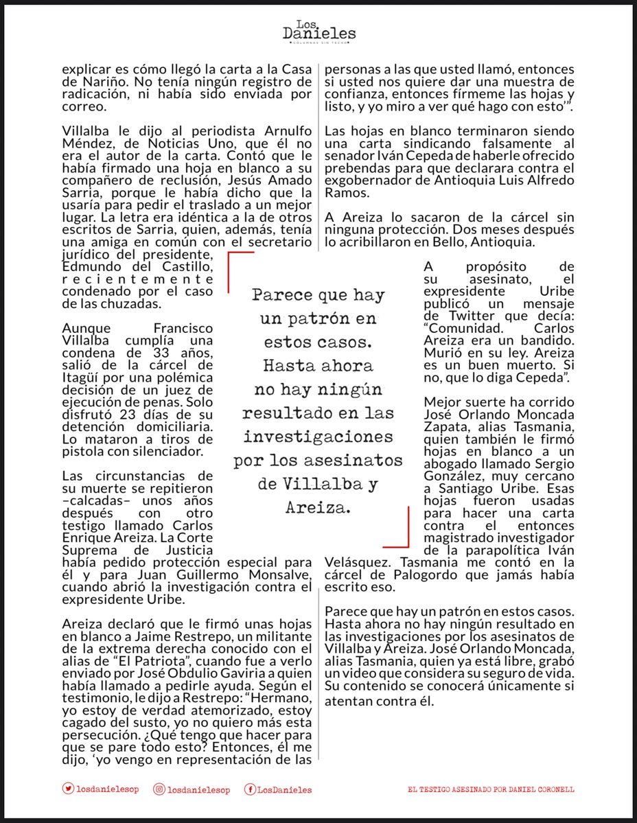 De cómo los testigos de masacres y asesinatos en los que resulta investigado Álvaro Uribe Vélez, son asesinados.
RT Para los que se quieran quitar la venda, aquí está esta columna de <a href="/DCoronell/">Daniel Coronell</a> repleta de indicios y un modus operandi bastante claro.