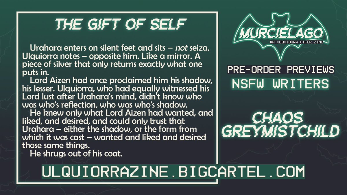 I wrote! gasp! A FIC! also I'm really pleased with it and you should also check out everyone else's work in the Ulquiorra Zine out while pre-orders are open until the end of the month--