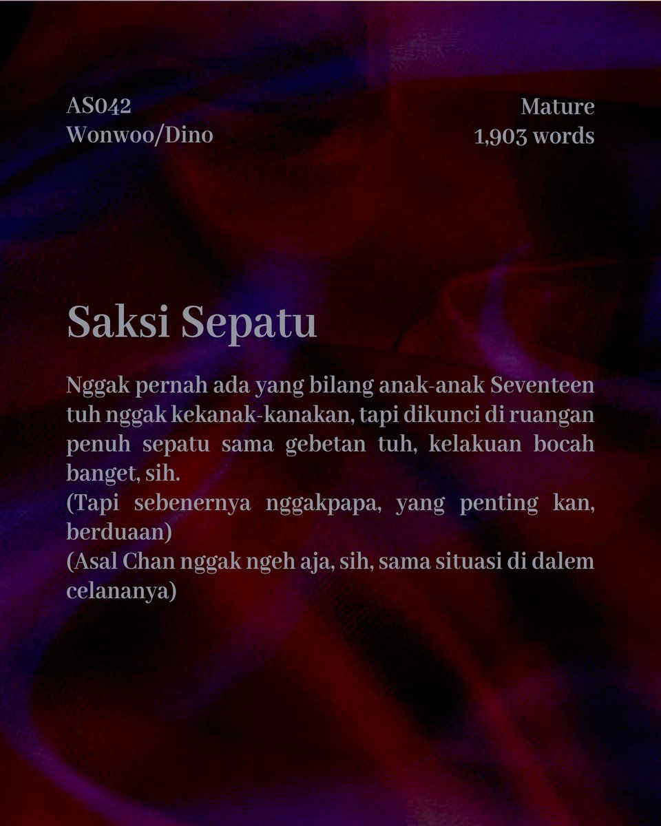archivedspiel's tweet photo. Saksi Sepatu
❤️AS042
💜wonwoo/dino
❤️1,903 words
💜https://t.co/Grr0r4MyDf