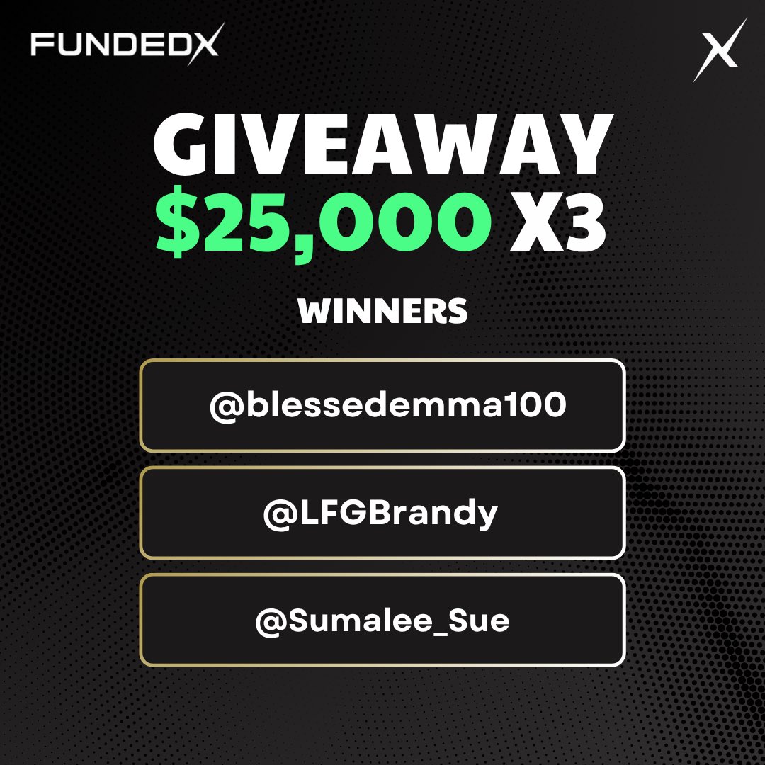 Congratulations to our winners:

<a href="/Sumalee_Sue/">Sumalee (Sue)</a> <a href="/LFGBrandy/">BrandyLFG</a> <a href="/blessedemma100/">Blessedemma</a> 

Please create an account with us and send us your registered email address so we can forward your challenge accounts. #FundedX
