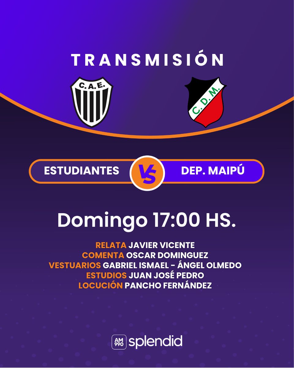 🗓️ HOY DOMINGO
⏰ 17.10 HS

⚽️ ESTUDIANTES BA 🆚 MAIPU

📻 Escuchalo x AM 990 <a href="/splendidam990/">Splendid AM 990</a>

📺 También estamos en Nuestro Canal de You Tube
👉 youtube.com/live/omxBRTzVN…

🎙️ Relata: <a href="/vicenzogol/">javier vicente</a> 
🗣️ Comenta:  Oscar Dominguez
📱 Vestuarios:   <a href="/Gab_Isma20/">Gabriel Ismael.</a> y Angel Olmedo
💻 Estudios: