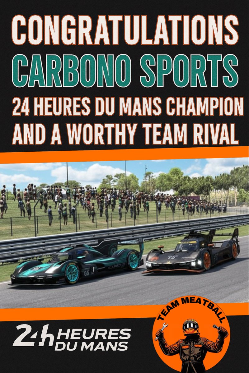 Enhorabuena a <a href="/CarbonoEsports/">Carbono eSports</a> por la victoria en las 24 horas de le mans! Ha sido un placer coincidir con vosotros en pista! Nos vemos en próximos eventos de <a href="/iracingsbs/">iRacingSBS</a>