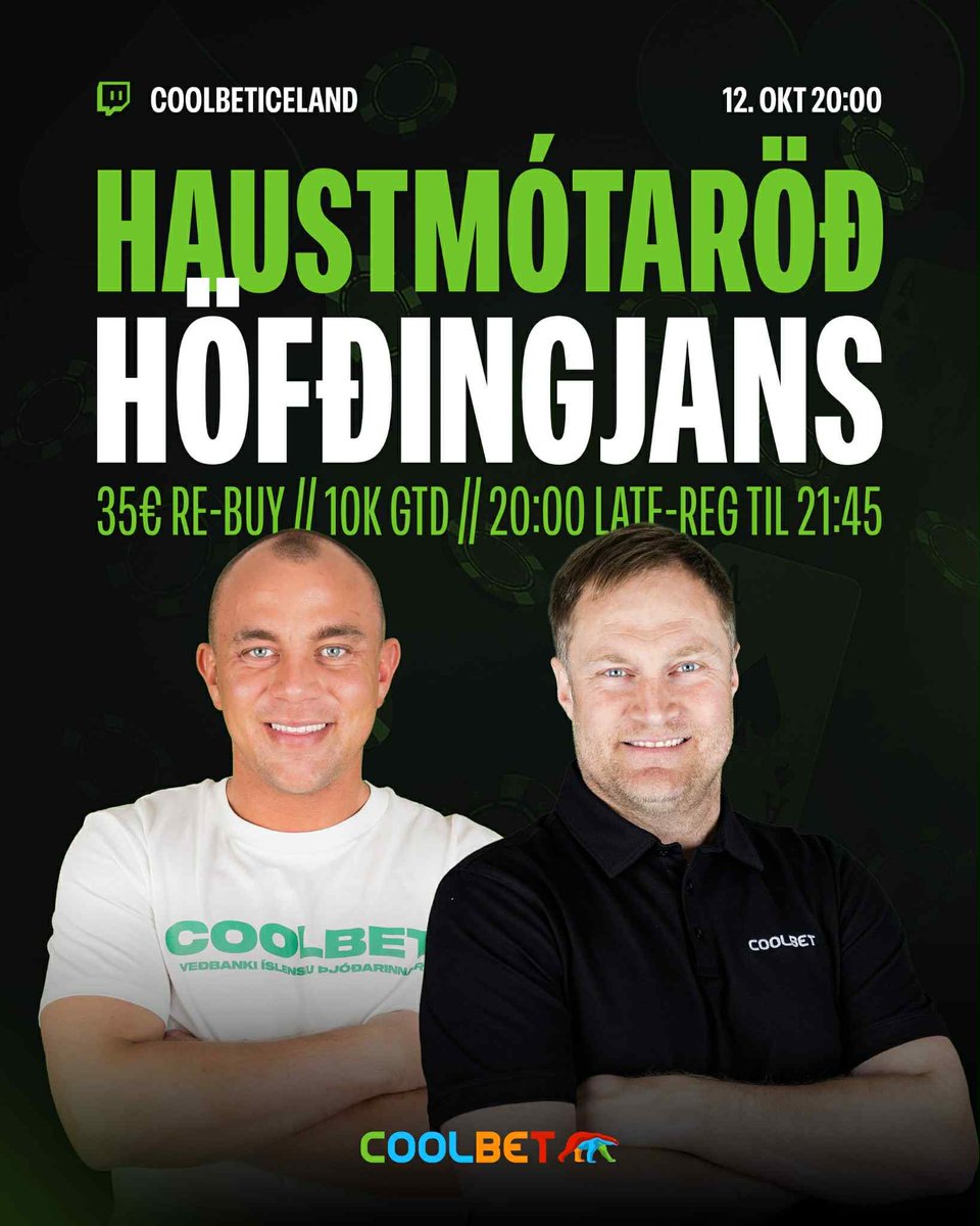 GJAFALEIKUR.
10 sem likea þessa færslu fá 35€ miða í mótið í kvöld.

Dregið kl 17.17 í dag.

HÖFÐINGINN X SIGGI BOND

⏰20:00 // Late-reg til 21:45
💰€10.000 GTD
💶€35 re-entry
🤑Mystery Bounty

Sjáumst kl. 20:00 á Twitch!
twitch.tv/coolbeticeland