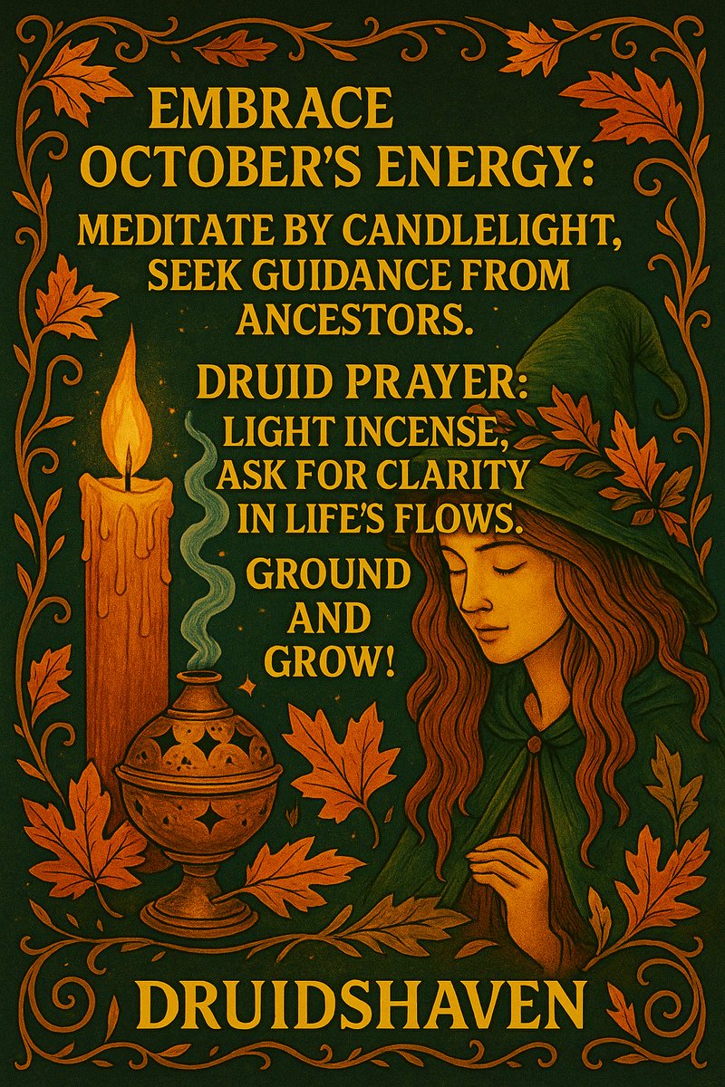Druidshaven's tweet image. Embrace October's energy by meditating by candlelight and seeking guidance from your ancestors. Druid prayer: Light incense, ask for clarity in life's flows. Ground and grow! 🕯️🌙 #Druidshaven #OctoberMagic #SpiritualGrowth #witchyvibe