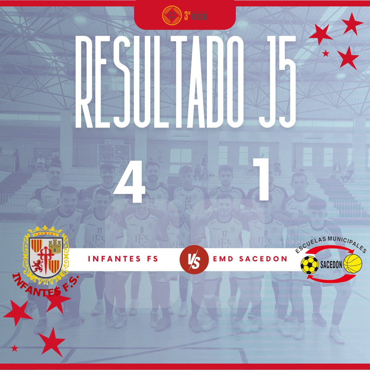 TERCERA DIVISIÓN RFEF 25-26 RESULTADO (J5)

 @Infantesfs 4-1 <a href="/SacedonFs/">E.M.D SACEDÓN</a>

Encuentro trabado y complicado con poco ritmo de juego fruto del cansancio copero,  donde supimos aguantar los ataques rivales y fuimos  capaces de manejar  las distintas  fases del juego.