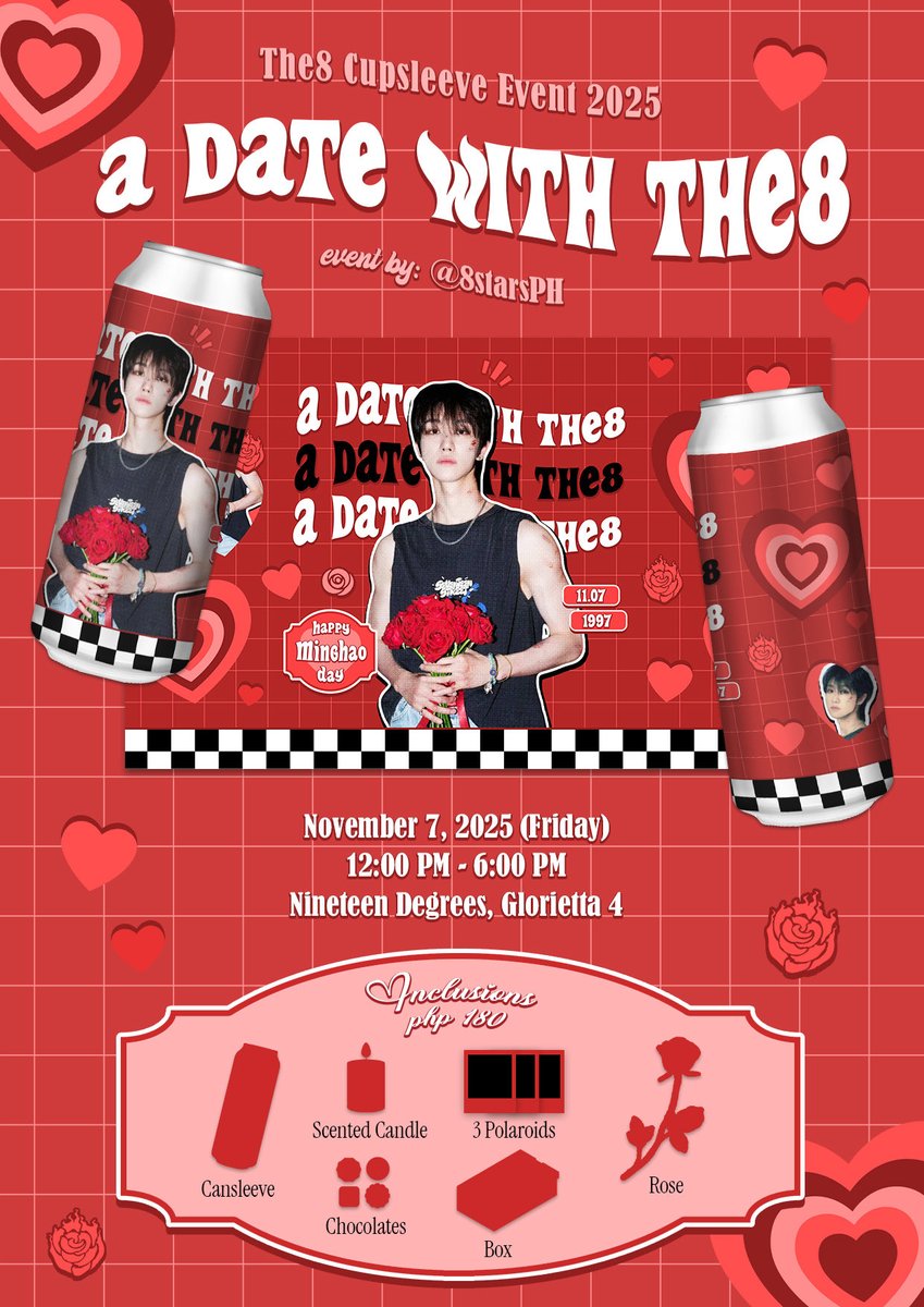 8starsPH's tweet photo. 🌹 A DATE WITH THE8 🌹

A Come-and-Go Cupsleeve Event for Xu Minghao by @8starsPH 🖤

📍 Nineteen Degrees, Glorietta 4
🗓 November 7, 2025 (Friday) 
🕐 12:00 PM - 6:00 PM

Registration Form: https://t.co/CxqJui6yjV

See you 8stars and Carats!

#ADateWithTHE8 https://t.co/H9sxael0MP