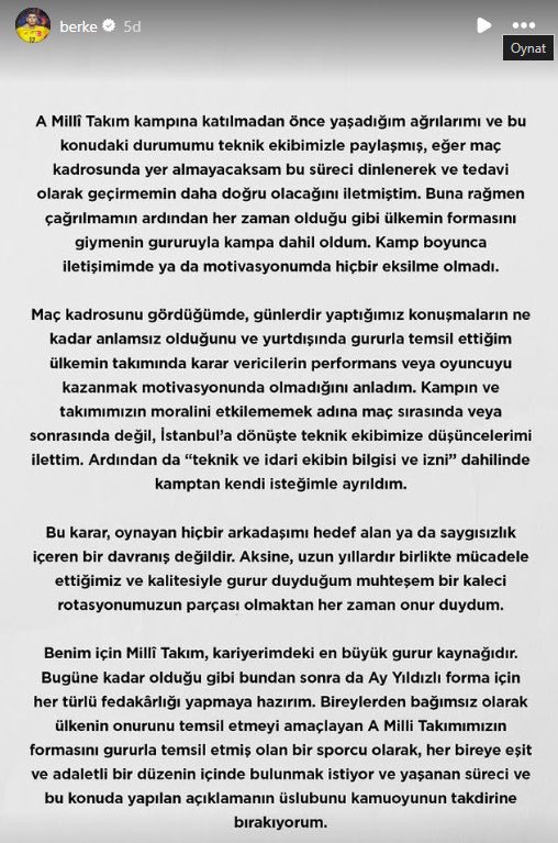 Berke Özer, Milli takım kampından ayrılma gerekçesini açıkladı.