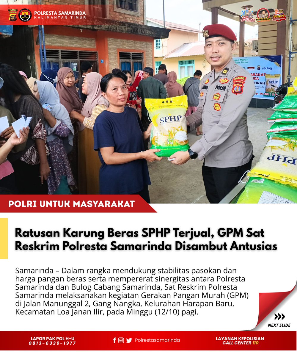 Polresta_SMD's tweet photo. Ratusan Karung Beras SPHP Terjual, GPM Sat Reskrim Polresta Samarinda Disambut Antusias
#PolrestaSamarinda #SatReskrimPolrestaSamarinda #GerakanPanganMurah #BerasSPHP https://t.co/FJBNAl185p
