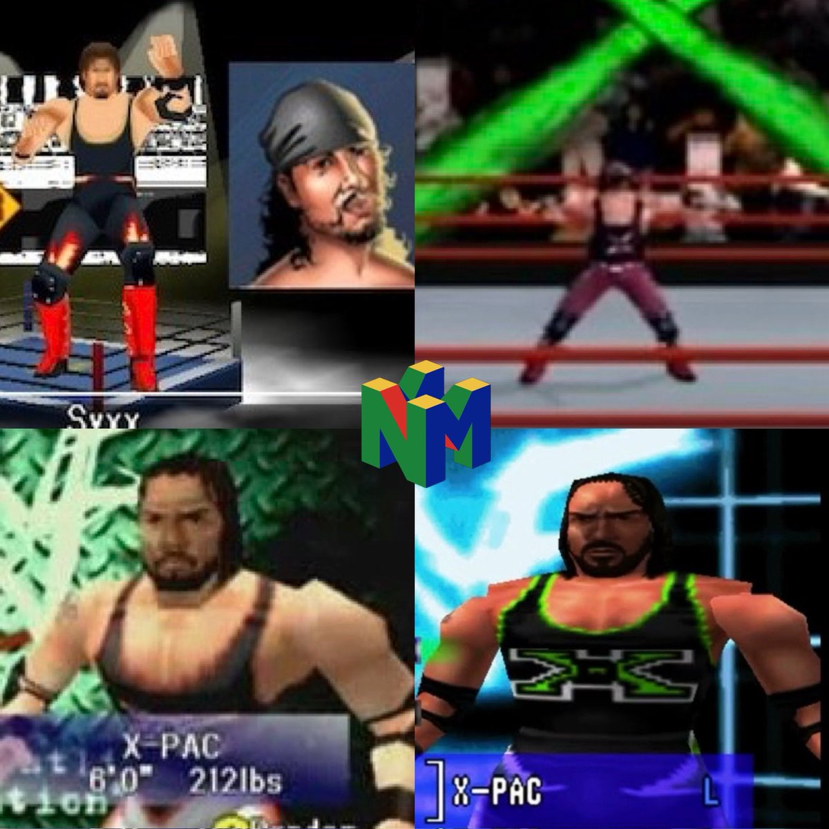 <a href="/TheRealXPac/">Sean Waltman</a> in 4 N64 games:
⚫️ WCW vs nWo World Tour
🟣 WWF Attitude
🟠 Wrestlemania 2000
🟢 WWF No Mercy
