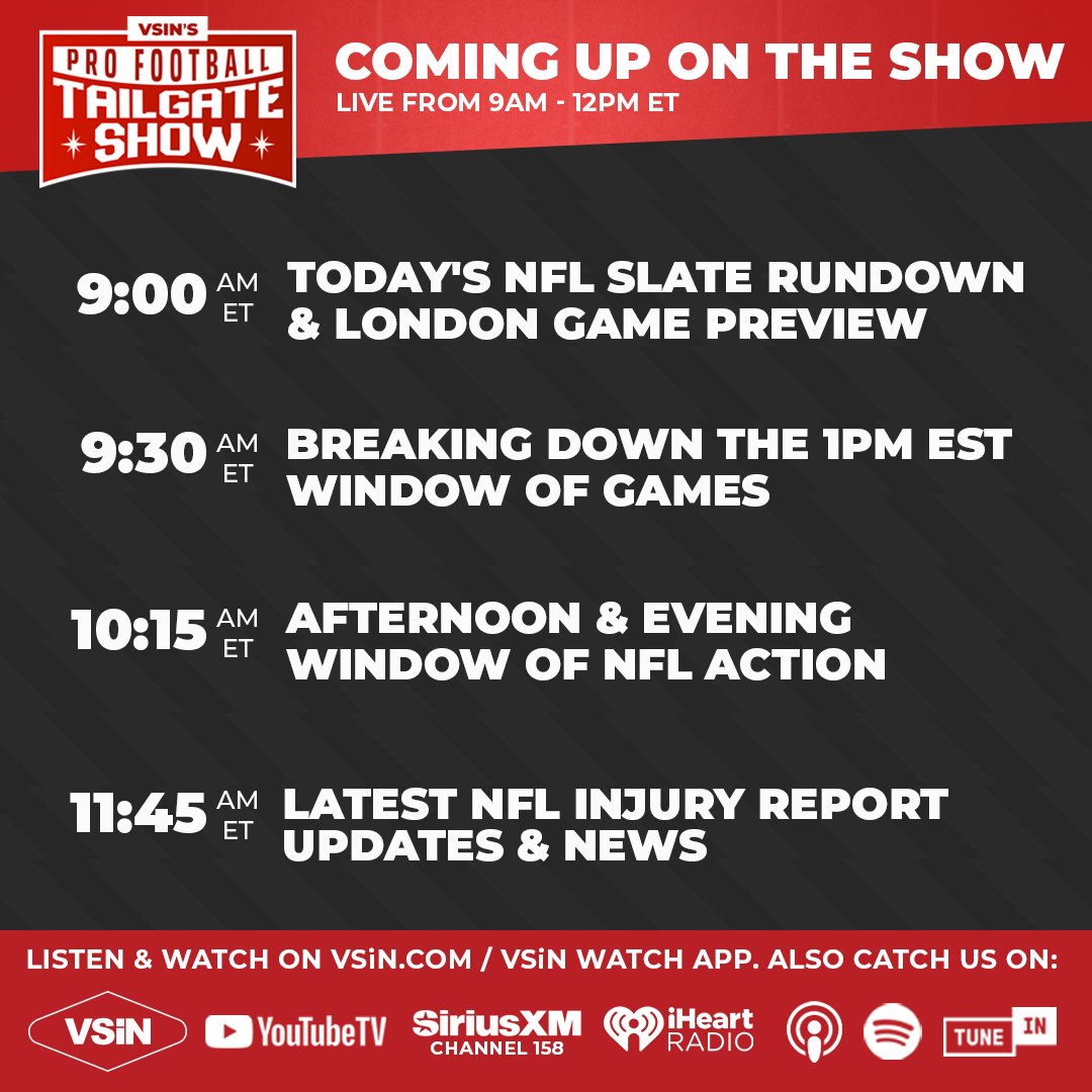 VSiNLive's tweet image. NFL Week 6 is here! Lock in with @MitchMossRadio & @paulyhoward as they break down every angle ahead of this Sunday slate of action!
Joined by @SharpFootball, @Fantasy_Guru & @ProFootballDoc.
Latest line moves, player props, injury updates and more!
Watch Live at…