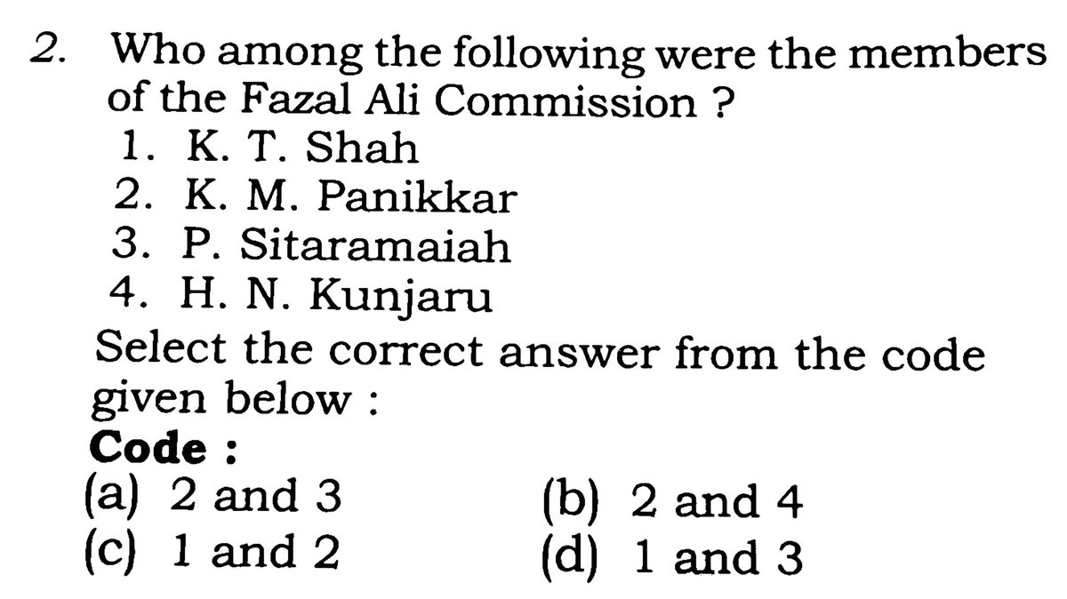 mbtspsc's tweet image. 𝐄𝐗𝐀𝐌 - 𝐔𝐏𝐏𝐒𝐂 𝟐𝟎𝟐𝟓 

Who among the following were the members of the Fazal Ali Commission ?

#𝐔𝐏𝐒𝐂 #𝐔𝐏𝐒𝐂𝐏𝐫𝐞𝐥𝐢𝐦𝐬𝟐𝟎𝟐𝟔  #𝐂𝐀𝐏𝐅 #𝐍𝐃𝐀 #𝐂𝐈𝐒𝐅 #𝐂𝐃𝐒 #𝐔𝐏𝐏𝐒𝐂