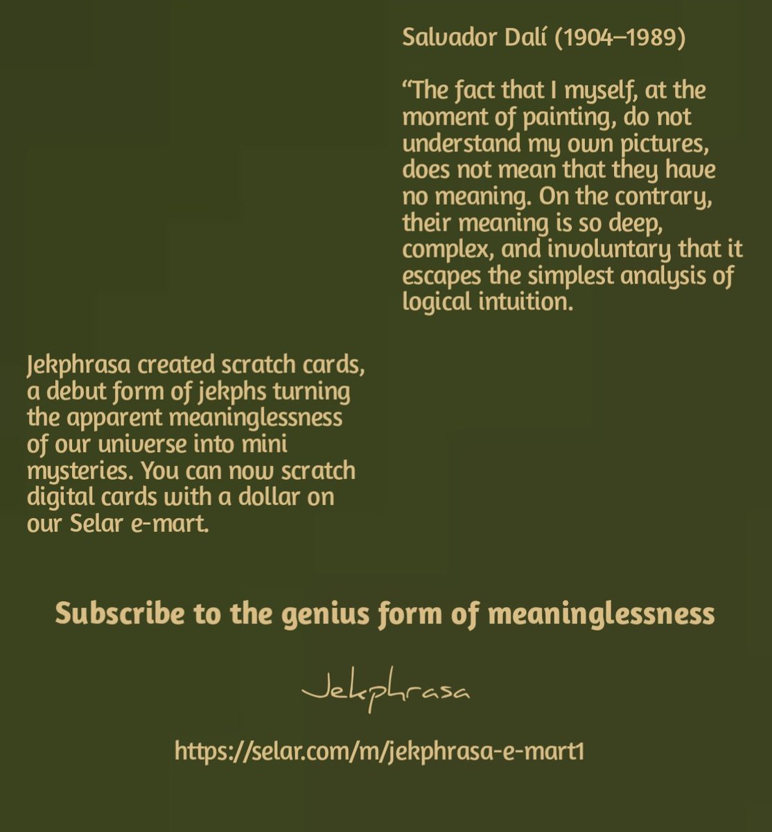 Jekphrasa's tweet image. Jekphrasa created scratch cards, a debut form of jekphs turning the apparent meaninglessness of our universe into mini mysteries. You can now scratch digital cards with a dollar on our Selar e-mart.
#TREASURE