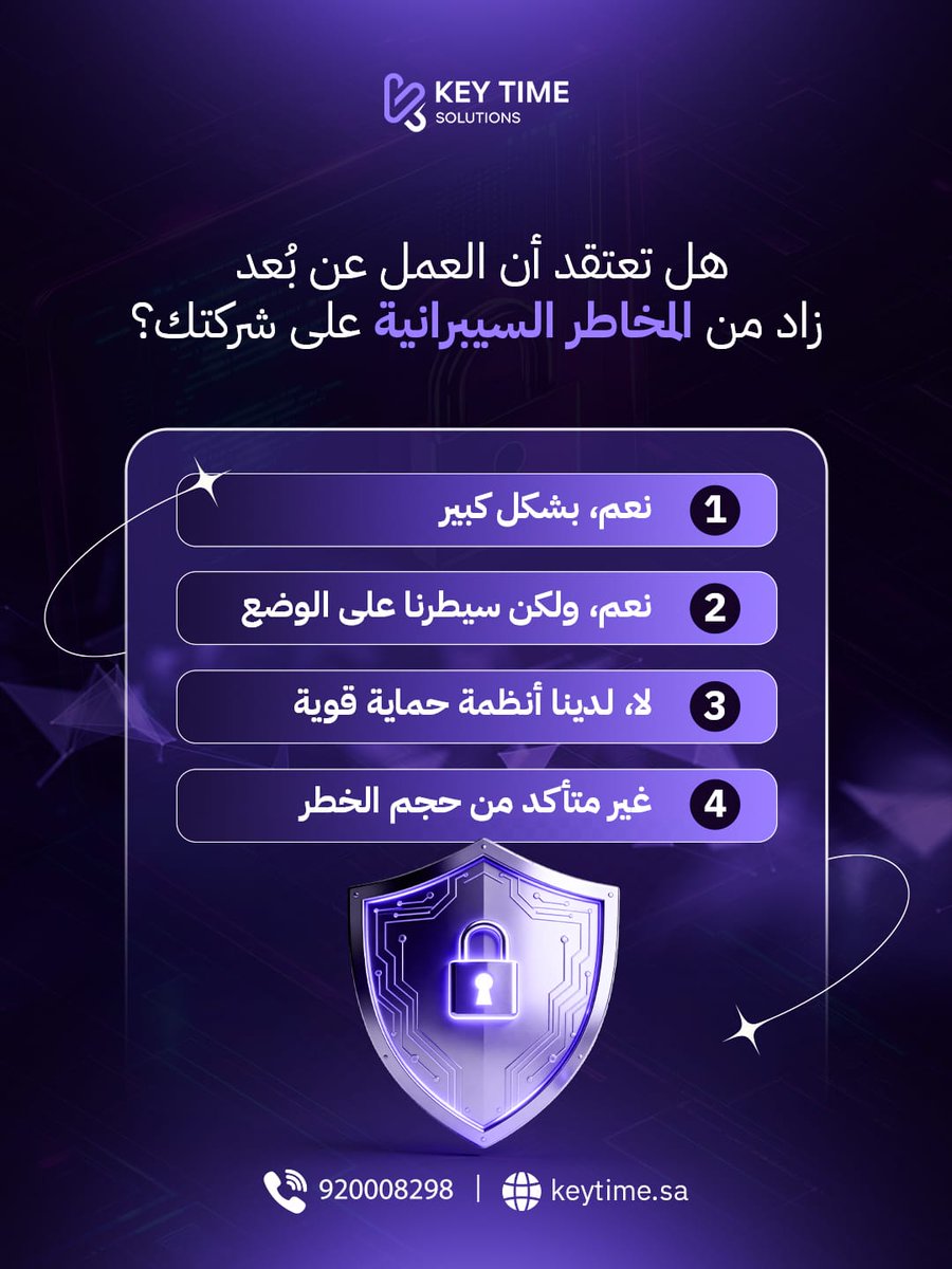 KeyTimesa's tweet image. العمل عن بُعد منح قطاع الأعمال مرونة غير مسبوقة، لكنه فتح أبوابًا جديدة للمخاطر السيبرانية. ⚠️

فأصبح كل اتصال من شبكة Wi-Fi منزلية هو نقطة ضعف محتملة. 

في رأيك، كيف أثر العمل عن بُعد على مستوى الأمان في شركتك؟ 🛡️

#Key_Time_Solutions 
#SaudiArabia 
#SaudiTech 
#Cybersecuirty…