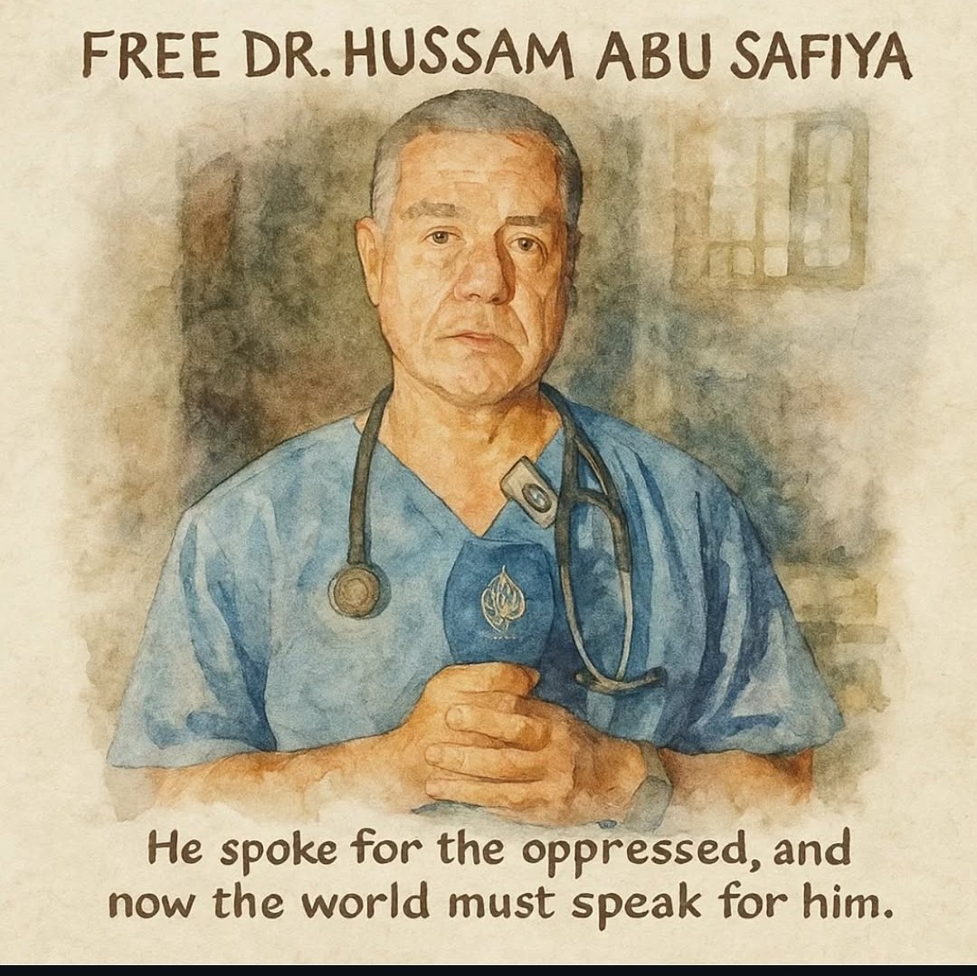 Dr Hussam Abu Safiya, hiç bir suçu yok tek suçu doktor olmak..

İsrail hapishanelerinde ağır ve insanlık dışı koşullarda tutuluyor. 

Esir takasında serbest bırakılması için kamuoyunun sesi olalım! 

Paylaşın, destek olun, sessiz kalmayın. 

#FreeDrHussamAbuSafiya