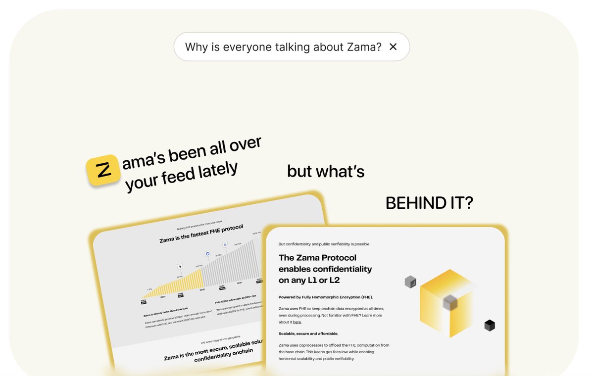 bysenua's tweet photo. Another day to talk about @zama_fhe, cus privacy on the blockchain deserves this much attention

HOW DOES ZAMA WORK?
In simple terms › Zama is building the next level of privacy onchain by leveraging FHE - basically, encryption that lets you use your data without ever exposing it

Think of it like this › your data stays locked, but computations can still happen on it

› What FHE Actually Does
Normally, encrypted data is safe but unusable until you decrypt it
With Zama’s FHE:  
- Smart contracts can run on encrypted balances and trades
- DAO votes stay private until results are revealed
- AI models can train on private data without ever seeing the actual info

› Concrete
Devs can build privacy preserving apps using Concrete, Zama’s open source framework

› FHE Powered Privacy
Zama focuses on FHE to power privacy onchain, enabling secure computations on encrypted data. Their tools, like Concrete makes it easy for devs to build apps that keep your data secured while fully functional

Putting It All Together 
With these technologies, Zama enables a fully encrypted ecosystem where your wallet and txns remain private while still being fully functional

In essence, Zama creates a world where your data can stay secure while still being useful :)