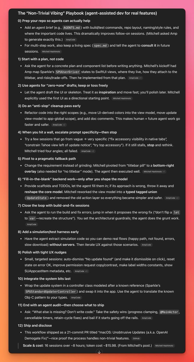 daniel_mac8's tweet image. 🔥 Real software engineers use AI Coding Agents to make real software.

Mitchell Hashimoto, the developer of Ghostty, posted a blog where he walks through how.

GPT-5 Pro abstracted the pattern that he used, which you can learn from.

Full blog post linked in next post.