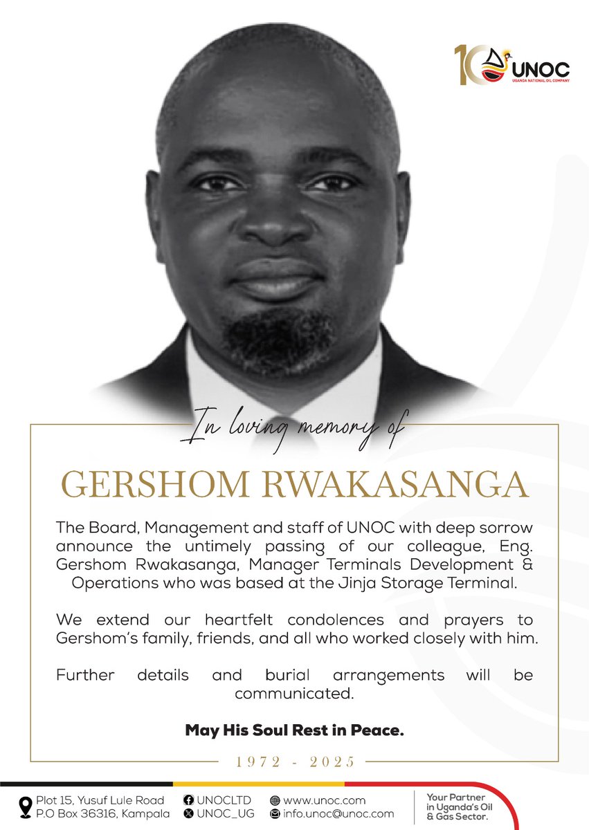 UNOC_UG's tweet image. Today, we honour the life and legacy of Eng. Gershom Rwakasanga. Though taken from us too soon, he will always be remembered for his cheer, warmth and dedication. Our thoughts and prayers remain with his family, friends and colleagues during this difficult time.