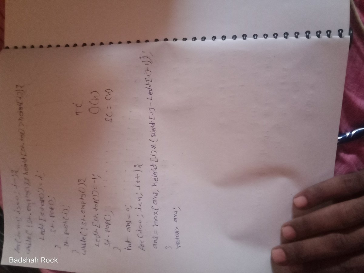 badshahrock7's tweet image. Today I solved 1 hard level of questions 
84: largest rectangle in histogram 
#dsa#coderarmy#100dayofcoding
#datastructures 
@rohit_negi9 

@badshahrock7