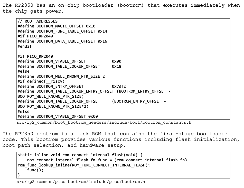 mytechnotalent's tweet image. 0x0007: The RP2350 has an on-chip bootloader (bootrom) that executes immediately when the chip gets power. Here we see flash init, boot path selection, and hardware setup. #Embedded #ReverseEngineering github.com/mytechnotalent…