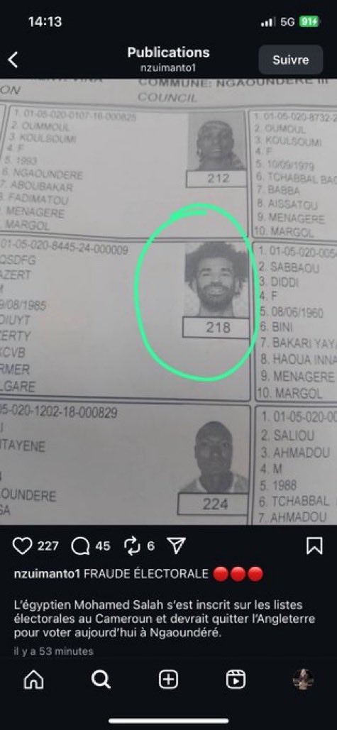 Zamasu_81x82's tweet image. Le gouvernement camerounais utilise la photo de Mohamed Salah pour faire de faux votes en faveur de Biya