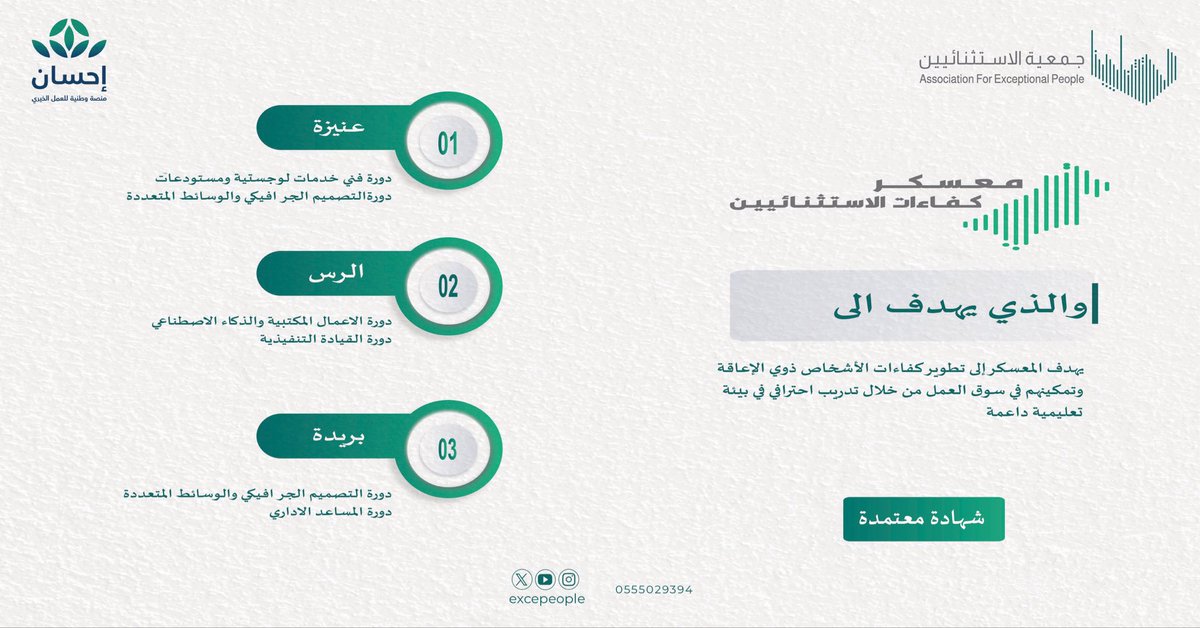 يتضمن المعسكر 6 دورات تدريبية نوعية تمتد على مدى 3 أشهر،ويحصل المتدرب في نهاية كل دورة على شهادة معتمدة
🎯 أولوية القبول:
1️⃣ الباحثون عن عمل من ذوي الإعاقة
2️⃣ الموظفون من ذوي الإعاقة
3️⃣ الباحثون عن عمل من غير ذوي الإعاقة
#معسكر_كفاءات_الاستثنائيين 
تسجيل:
forms.gle/qGjUuRytkWL89G…