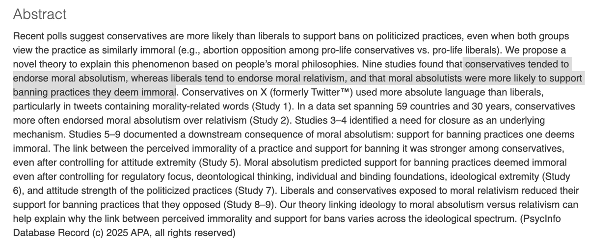 jayvanbavel's tweet image. New research finds that conservatives tended to endorse moral absolutism, whereas liberals tend to endorse moral relativism.
Moral absolutists are more likely to support banning practices they deem immoral psycnet.apa.org/record/2026-54…