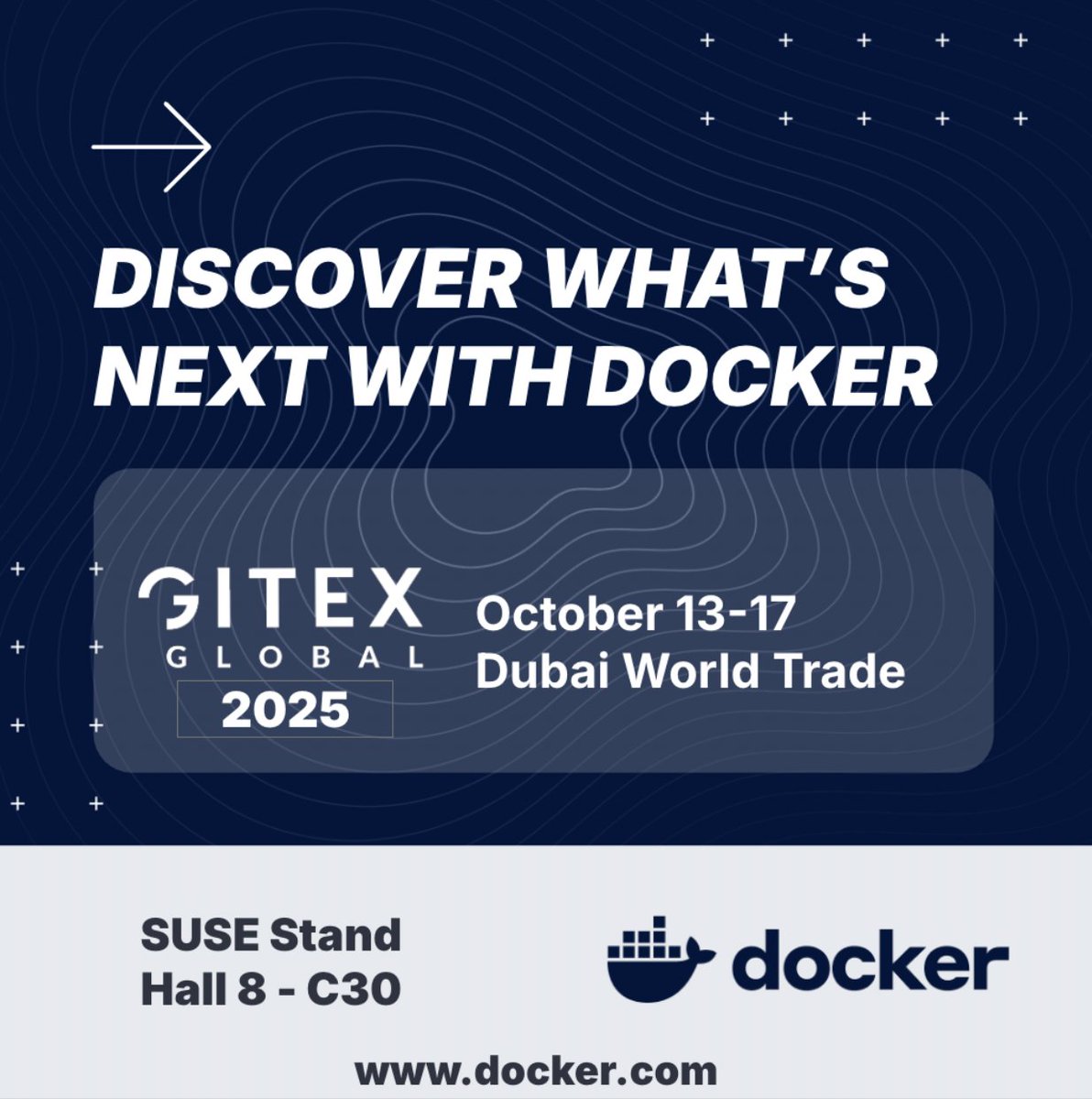Docker's tweet image. Heading to @GITEX_GLOBAL Dubai?
- Visit Docker at the SUSE booth (Oct 13-17, 10:00-18:00)
- Catch @ajeetsraina's talk (Wed, 17:00-17:30)
- Docker Invite-only After Party with SUSE, Amazic & Codification
RSVP 👉 eventbrite.com/e/gitex-after-…
See you there! 🎉
#Docker #GITEX #Dubai