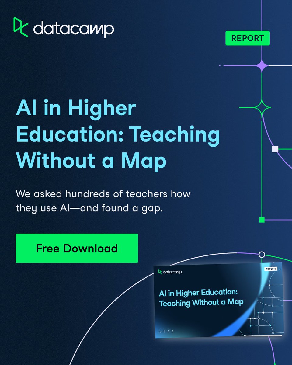 DataCamp's tweet image. New report: AI in Higher Education 📢
📊 2 in 3 teachers use AI daily
🚫 56% got no AI training
⚠️ 53% say schools aren’t preparing students for an AI future
Read how educators can close the gap.
👉ow.ly/RPZT50X9Nnj