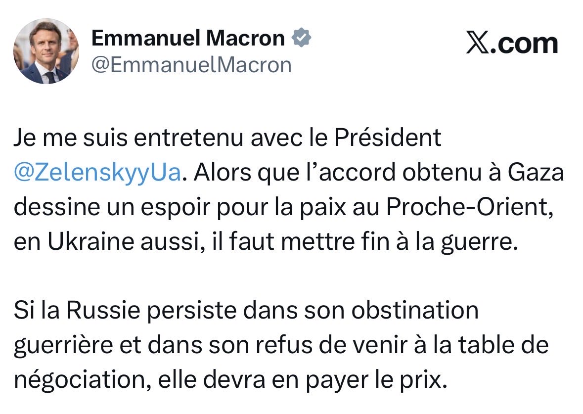 BastionMediaFR's tweet image. 🔴🇷🇺🇫🇷 𝗔𝗟𝗘𝗥𝗧𝗘 𝗜𝗡𝗙𝗢 — Dans un message publié sur X, Emmanuel Macron MENACE la Russie, affirmant que le pays « devra en payer le prix » s’il refuse de négocier avec l’Ukraine.