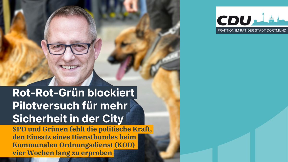 👎 Rot-Rot-Grün blockiert Pilotversuch für mehr Sicherheit und gestärktes Sicherheitsgefühl in der City: SPD und Grünen fehlt die politische Kraft, den Einsatz eines Diensthundes beim Kommunalen Ordnungsdienst vier Wochen lang zu erproben ⁉️ cdu-fraktion-dortmund.de/artikel/rot-ro…
