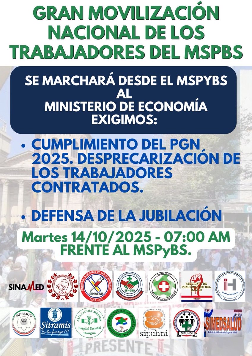 accionscpy's tweet image. Desde Acción Sindical Clasista saludamos y extendemls nuestro apoyo a la Gran Movilización Nacional de Trabajadores del MSPyBS.
¡Viva la organización de nuestra clase!