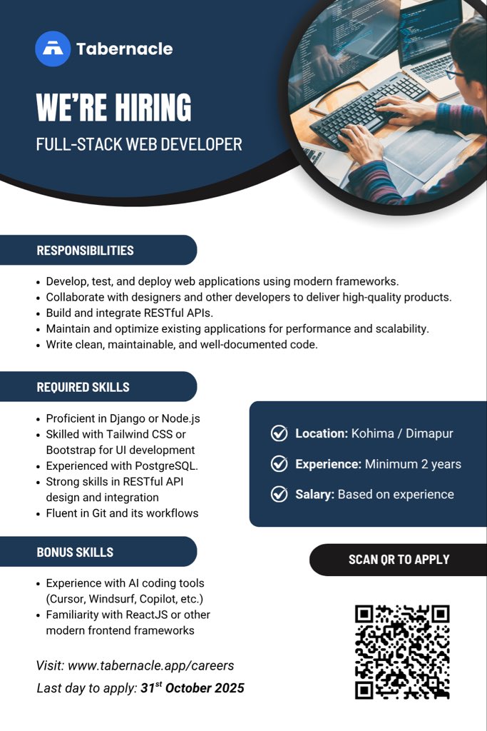 atobalongkumer's tweet image. Tabernacle Technologies is hiring Full-Stack Web Developers &amp;amp; Mobile App Developers!

Details
✅ Onsite: Kohima/Dimapur 
✅ Minimum: 2 years experience 
✅ To apply, visit
tabernacle.app/careers/
