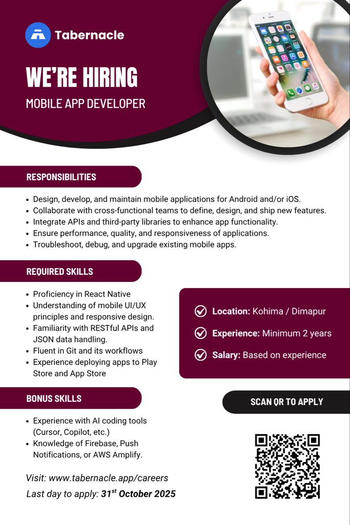 atobalongkumer's tweet image. Tabernacle Technologies is hiring Full-Stack Web Developers &amp;amp; Mobile App Developers!

Details
✅ Onsite: Kohima/Dimapur 
✅ Minimum: 2 years experience 
✅ To apply, visit
tabernacle.app/careers/