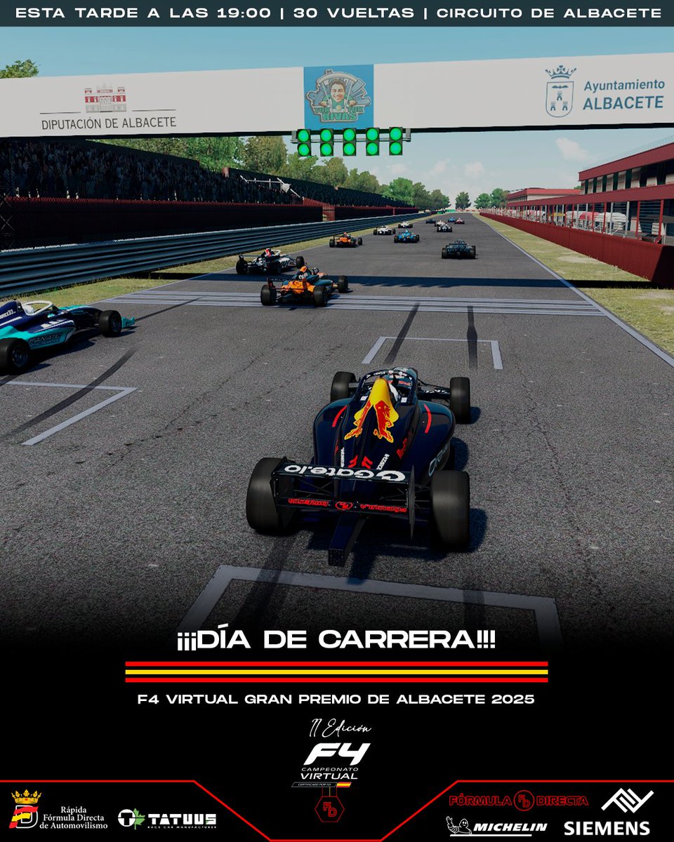 F4virtual's tweet image. 🇪🇸 ¡¡¡Feliz Día de la Hispanidad y feliz DÍA DE CARRERA!!!

🏁 F4 Virtual by Gran Premio de Albacete

📌 Circuito de Albacete

⏰  Esta tarde a las 19:00

🔴 DIRECTO: twitch.tv/formula_directa

#F4Virtual #GPAlbacete #AssettoCorsa