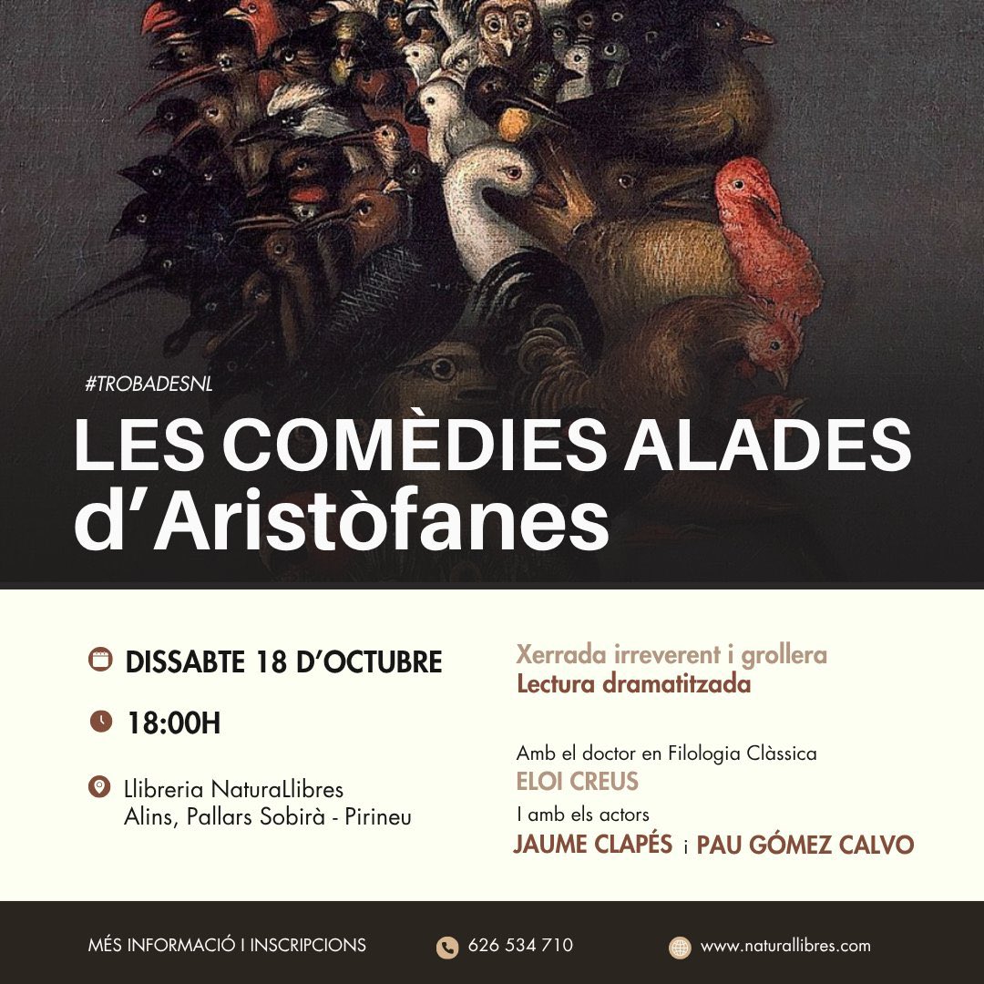 Al cau de cultura que és <a href="/Naturallibres/">NaturaLlibres</a> sempre passen coses interessants. Aquesta vegada, a mès d’interessant, serà molt divertit. L’Aristòfanes més irreverent i caústic de la mà d’Eloi Creus i les veus d’en Jaume Clapés i en Pau Gómez Calvo. naturallibres.com/event/trobades…